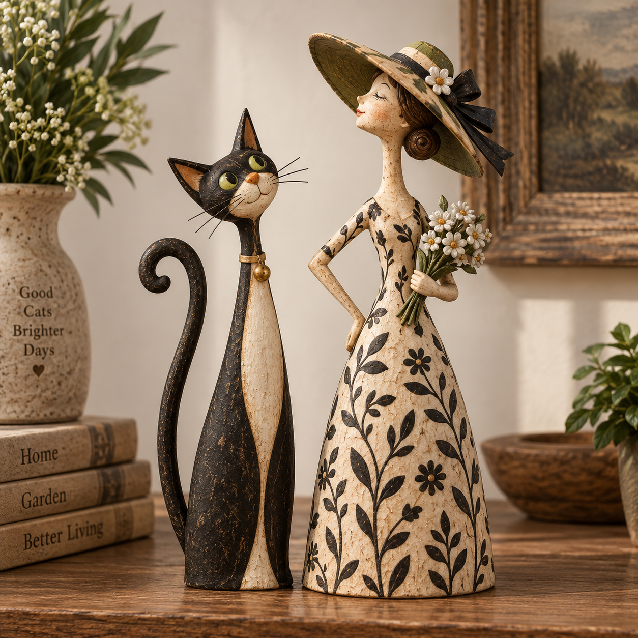 Whimsical Lady & Cat Figurine Set – Vintage-Inspired Home Decor for Cat Lovers