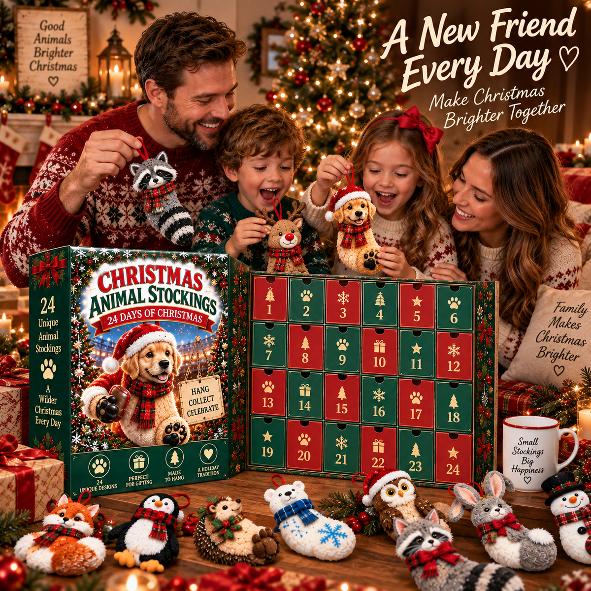 24 Days of Christmas Animal Stockings Advent Calendar – 24 Unique Animal Stocking Ornaments for Christmas Tree & Family Holiday Fun