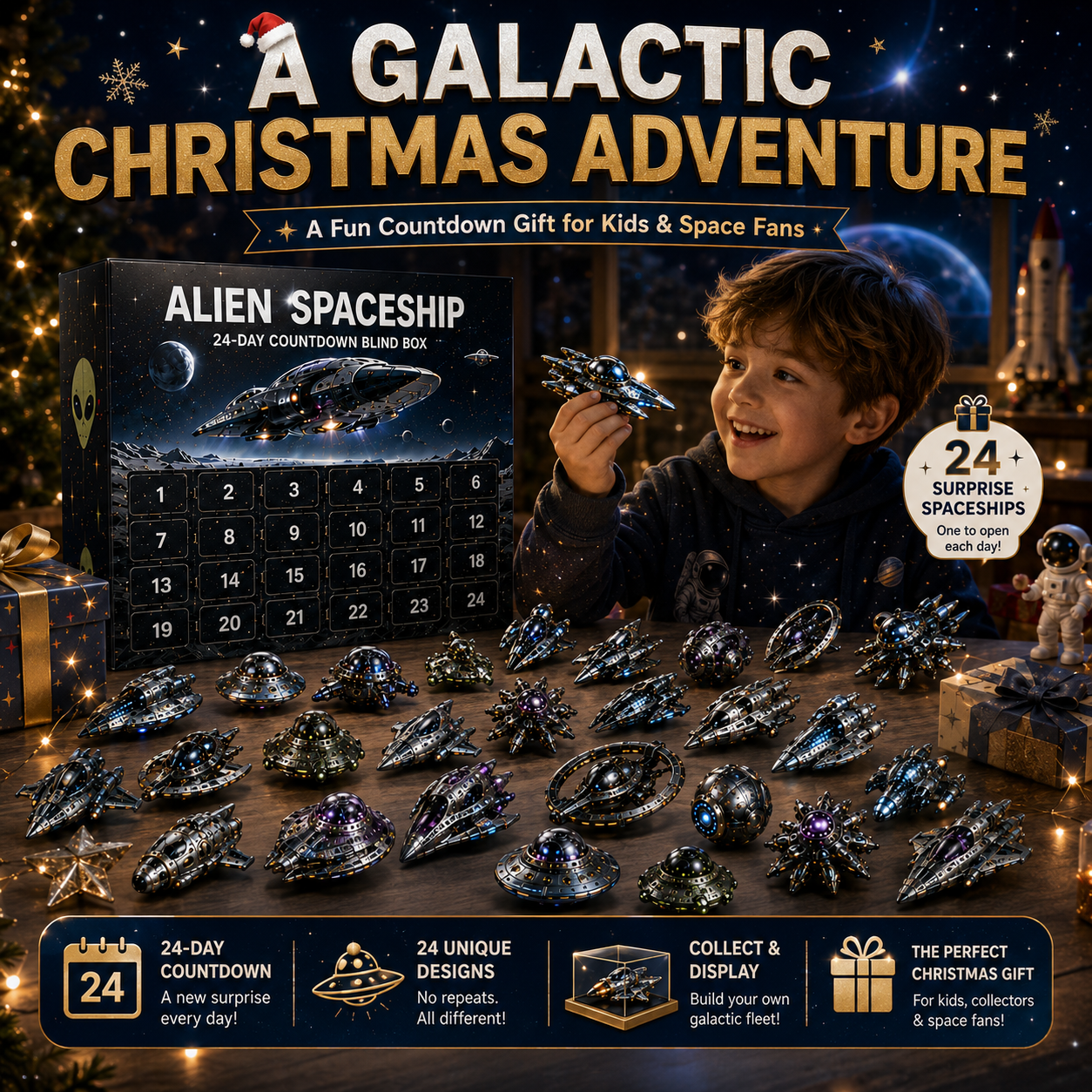 Alien Spaceship Advent Calendar 2026, 24 Days of Unique Spacecraft Toys, Christmas Countdown Calendar with 24 Different Alien Spaceships, Space Gifts for Kids Boys Girls