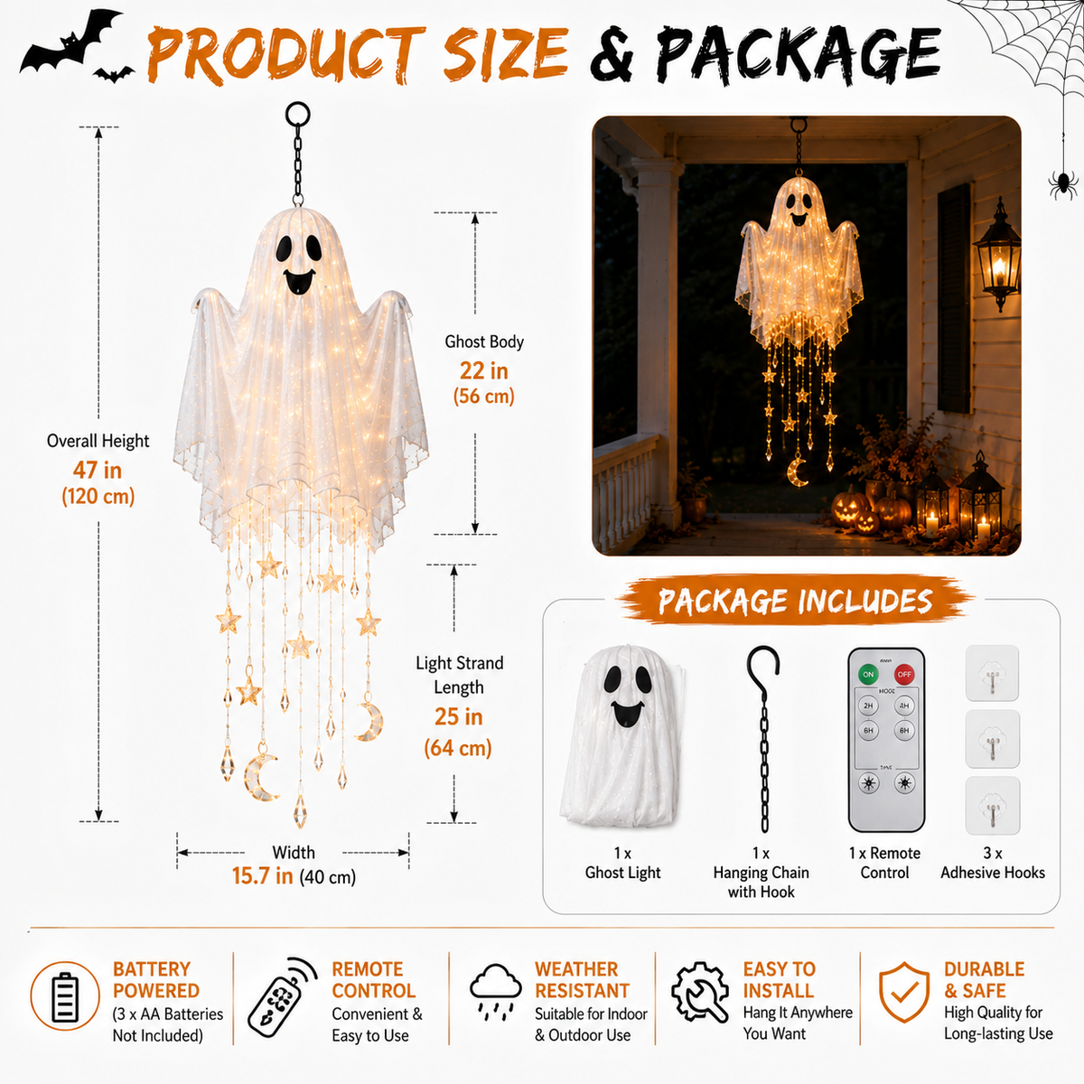 👻 Lighted Floating Ghost Hanging Chandelier – Halloween LED Porch Decoration