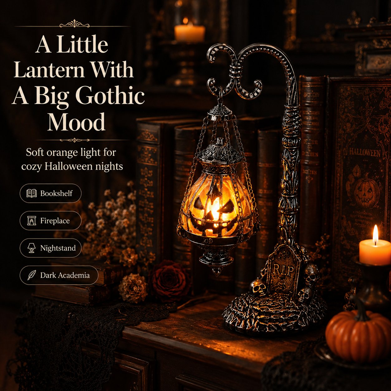 🎃 Gothic Pumpkin Lantern Stand | Warm Orange LED Glow, Victorian Skull Details & Haunted Shelf Decor 🕯️