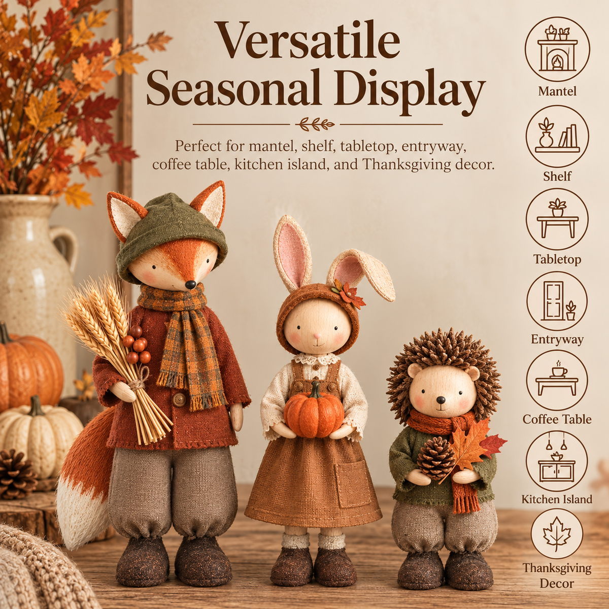 🍂 Three Little Forest Friends – Fox, Bunny & Hedgehog Harvest Figurine Set