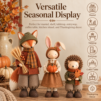 🍂 Three Little Forest Friends – Fox, Bunny & Hedgehog Harvest Figurine Set