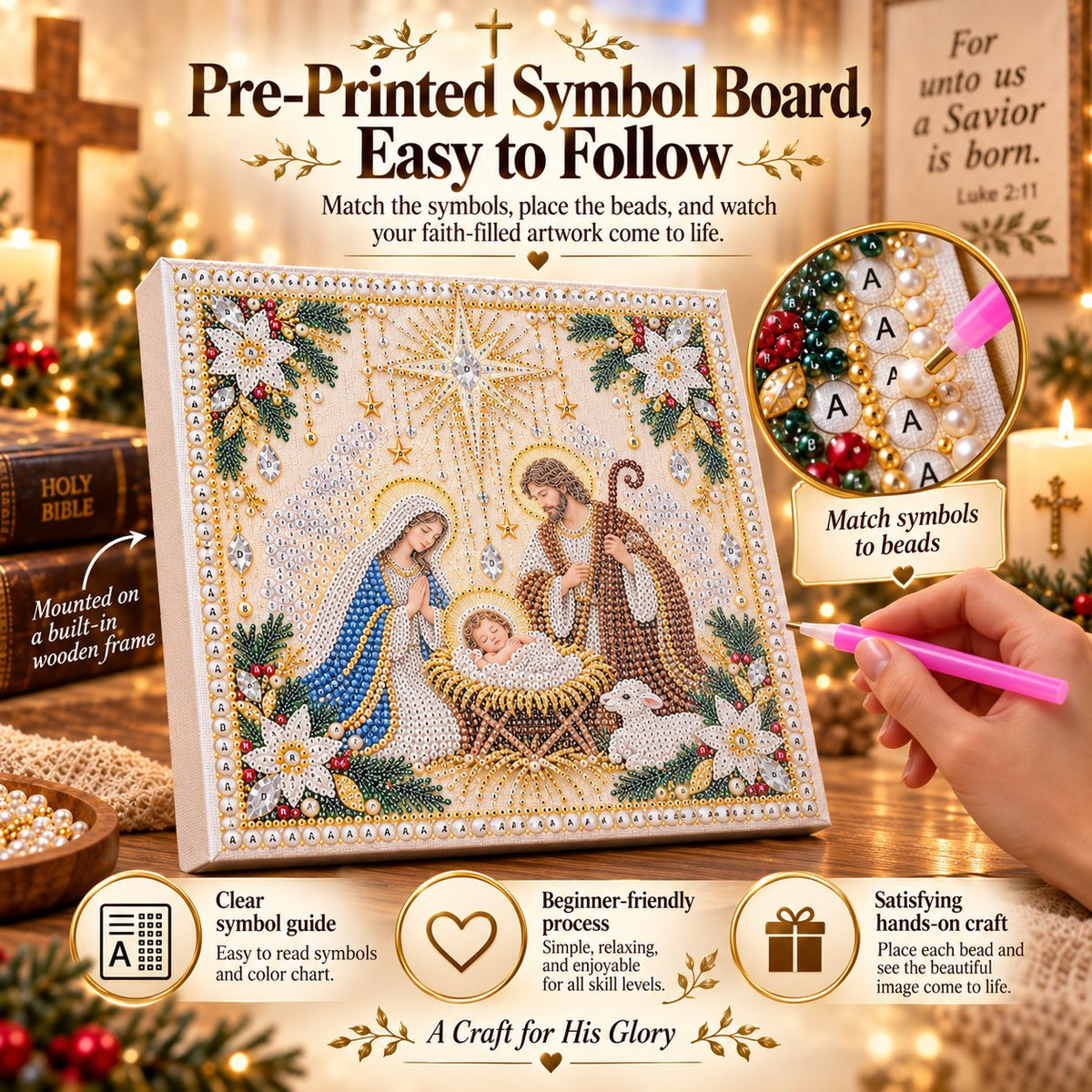 ⏳ Last Day 50% OFF – ✝️ Beginner-Friendly Christian Pearl Bead Art Kit | Pre-Printed Design with Built-In Wooden Frame & Complete Tools 💕