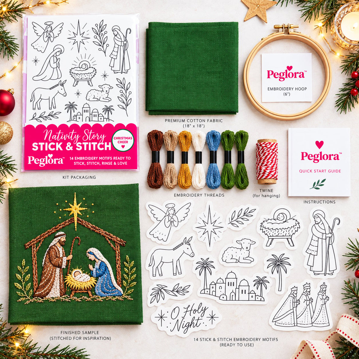 🎄Peglora Christmas Stick & Stitch Embroidery Pattern Pack – 5 Sheets / 70 Wash-Away Embroidery Motifs🧵