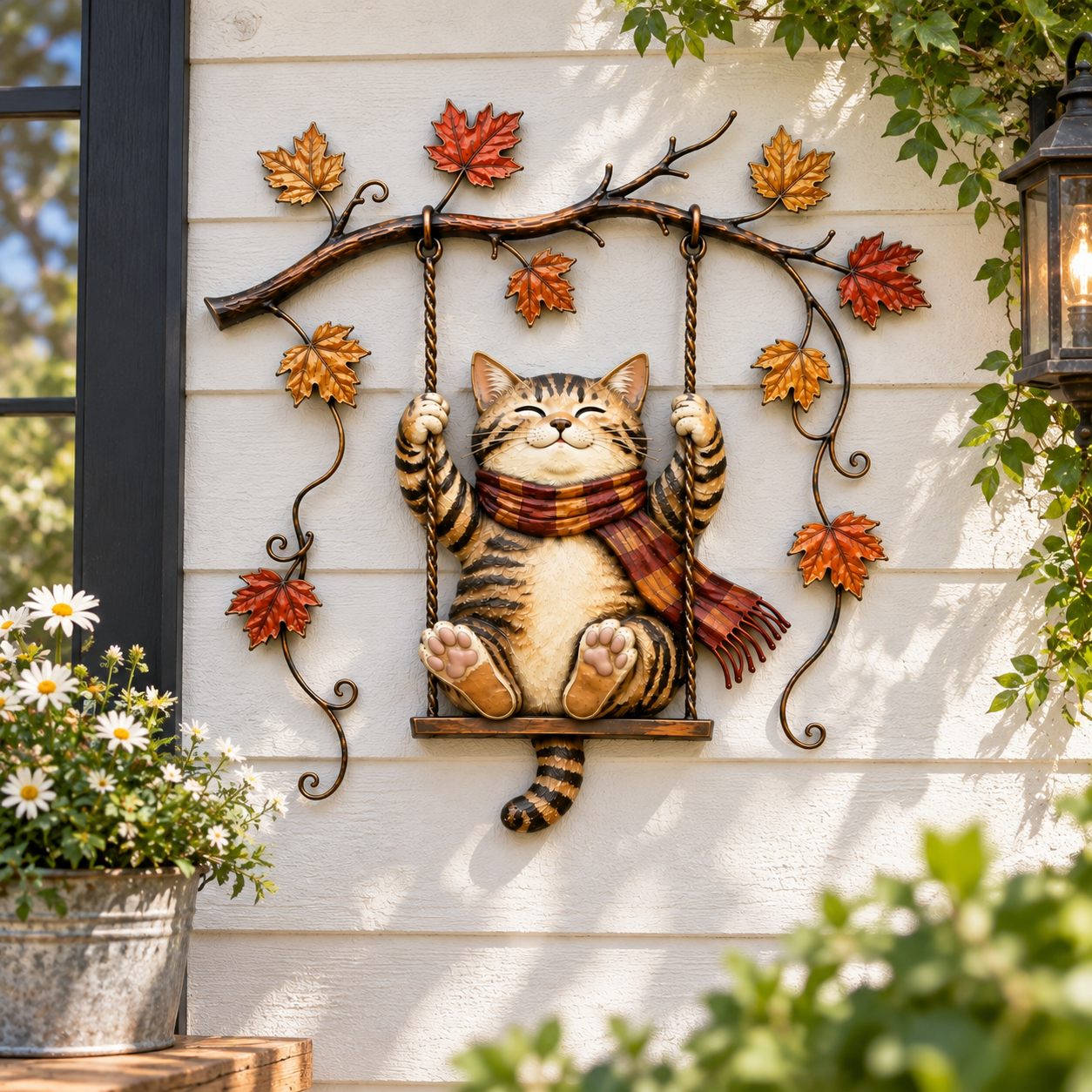 🐱🍂 Cozy Cat Swing Fall Wall Art – Rustic Autumn Metal Home Decor