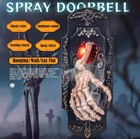 👻Halloween Hanging Doorbell Touch/Motion Activated Skeleton Hand Door Bell with Red Light Scary Sound Haunted House Decoration