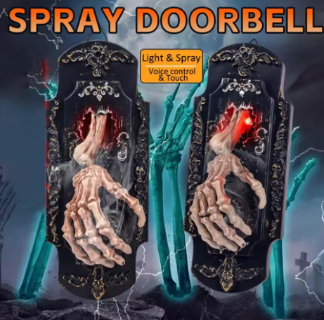 👻Halloween Hanging Doorbell Touch/Motion Activated Skeleton Hand Door Bell with Red Light Scary Sound Haunted House Decoration