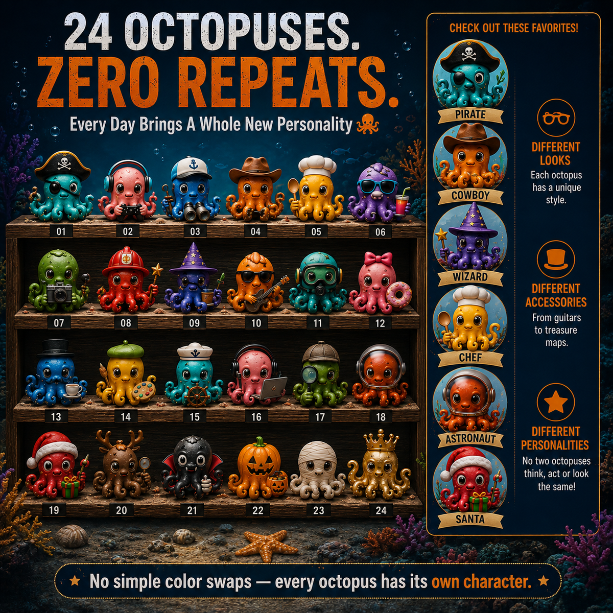 🐙 24 Days of Octopus Madness Advent Calendar – 24 Unique Octopus Characters & Crazy Personalities