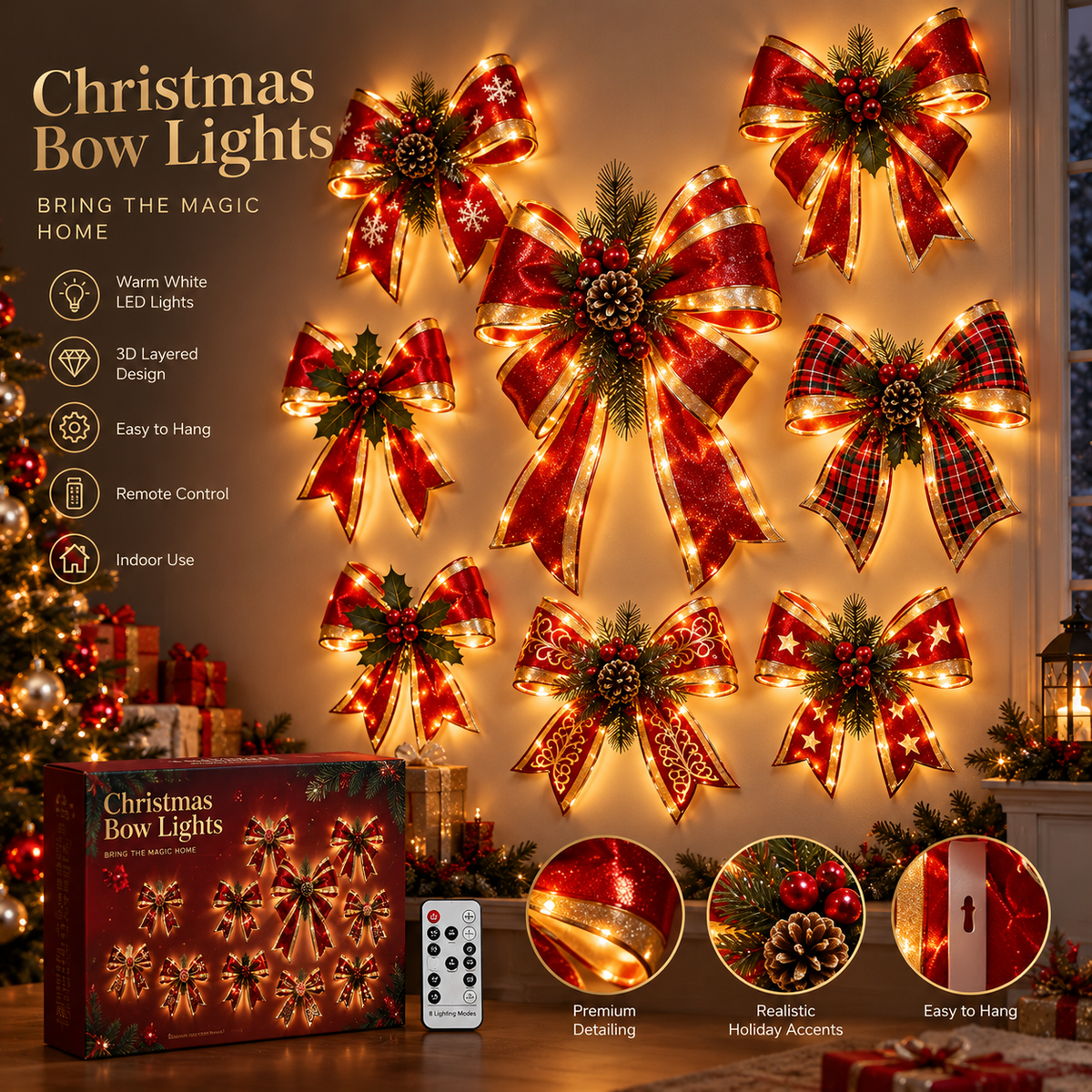 🎀 Glowing Christmas Bow Wall Decor – A Warm Touch for the Holidays