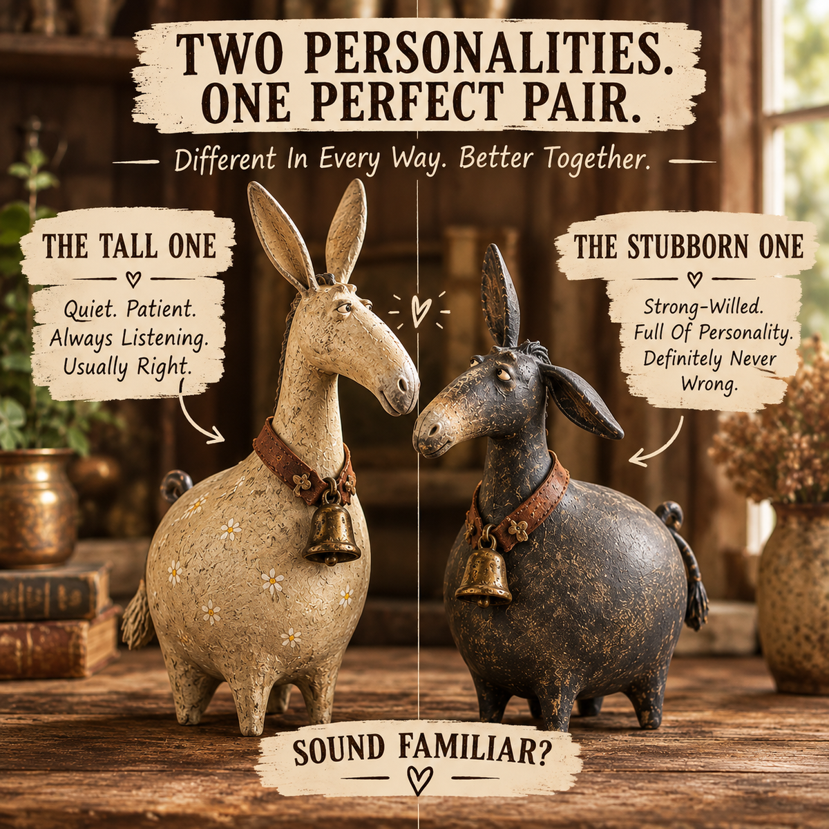 The Stubborn Pair – Rustic Donkey Couple Figurines, Farmhouse Folk Art Decor & Meaningful Anniversary Gift