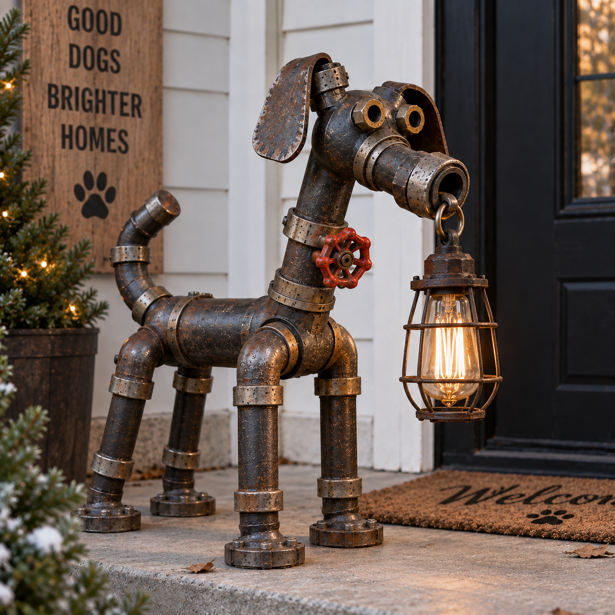 Pipe Pup Watchdog Lamp – Industrial Dog Lantern Sculpture 🐾💡