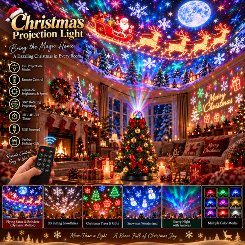 🎄 Christmas Tree Projection Light – 15+ Magical Holiday Scenes with Remote Control