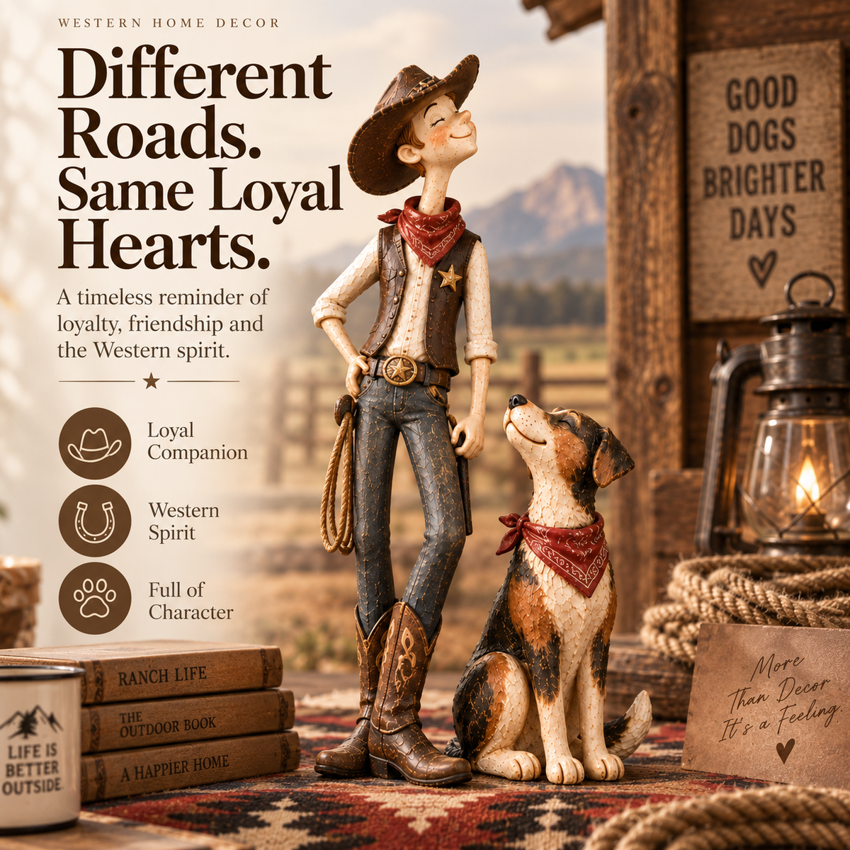Cowboy & Loyal Dog Figurine Set – Rustic Western Home Decor & Gift for Men
