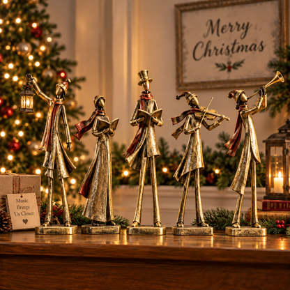 🎶 Christmas Eve Carolers – 5-Piece Antique Gold Holiday Figurine Set
