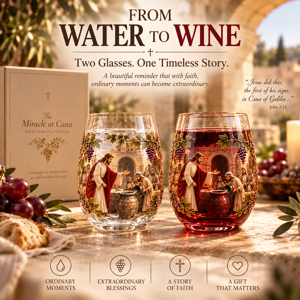 The Miracle at Cana – Water to Wine Faith Glass Set
