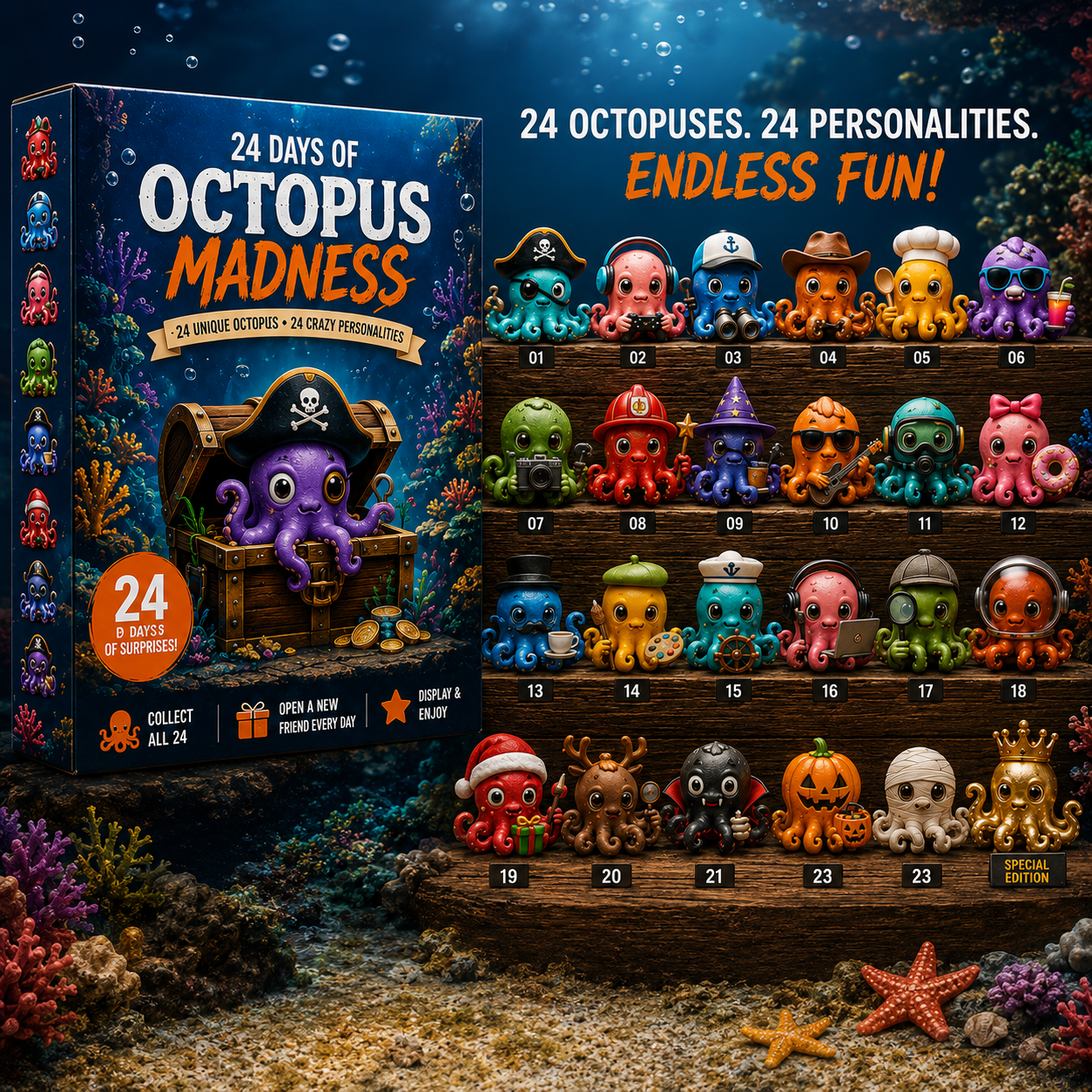 🐙 24 Days of Octopus Madness Advent Calendar – 24 Unique Octopus Characters & Crazy Personalities