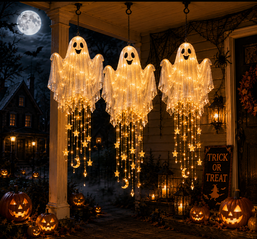 👻 Lighted Floating Ghost Hanging Chandelier – Halloween LED Porch Decoration