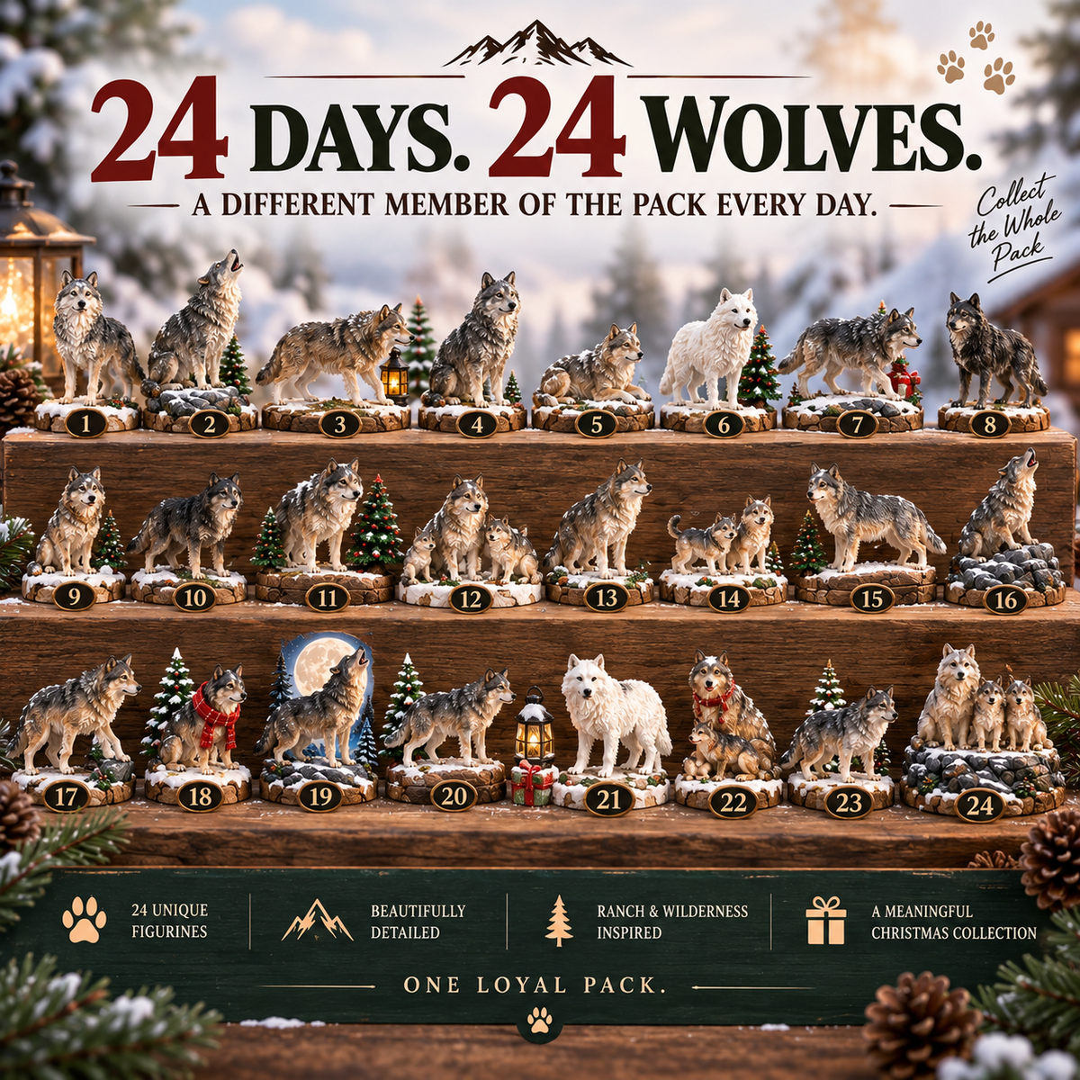 🐺🎄 The Loyal Pack – 24-Day Wolf Advent Calendar, 24 Collectible Wolf Figurines for Christmas 🎁