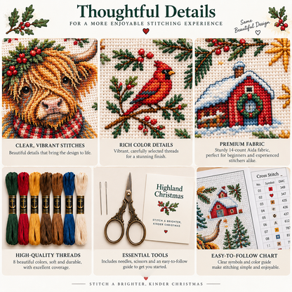 🐮 A Highland Christmas – Cozy Holiday Cross Stitch Kit