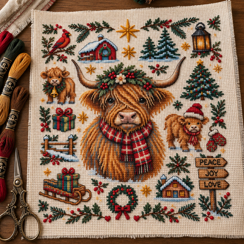 🐮 A Highland Christmas – Cozy Holiday Cross Stitch Kit