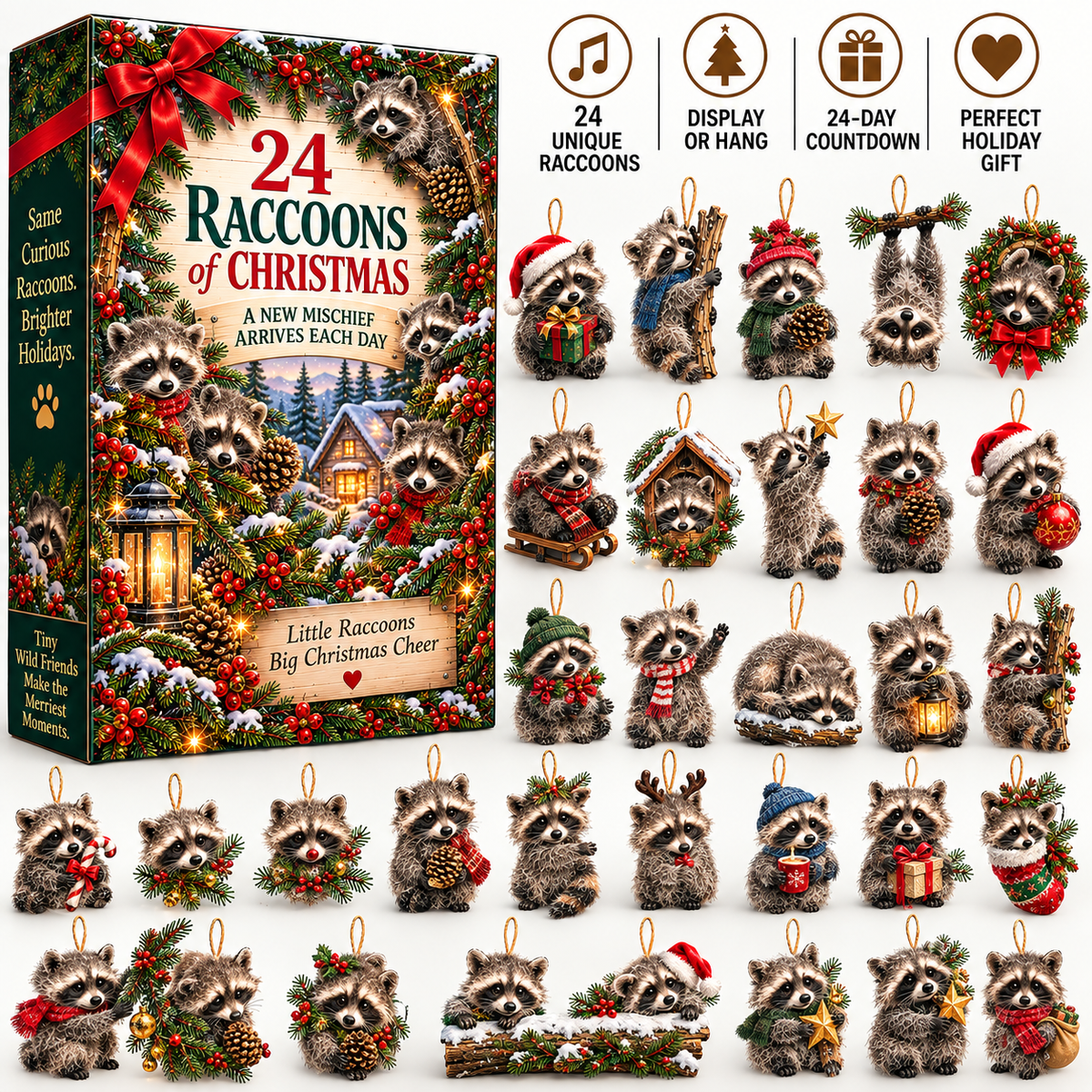 🦝🎄 24 Little Christmas Troublemakers – Raccoon Ornament Collection