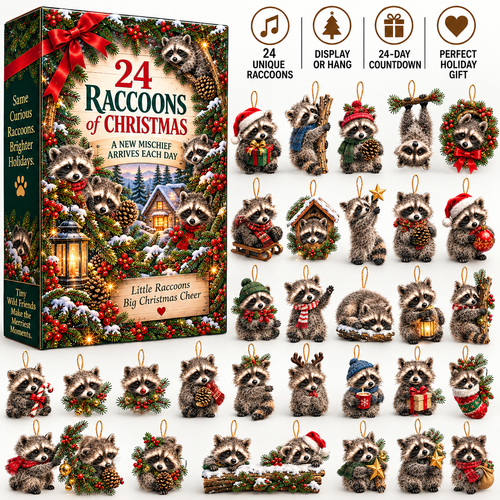 🦝🎄 24 Little Christmas Troublemakers – Raccoon Ornament Collection