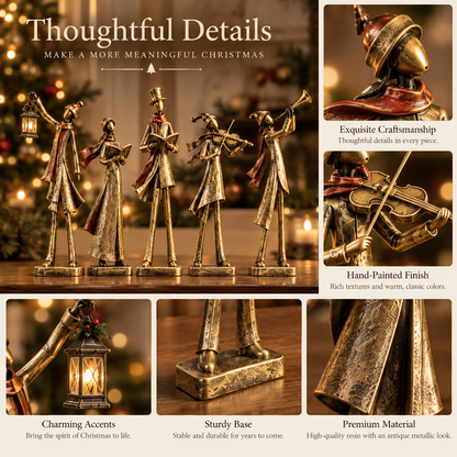🎶 Christmas Eve Carolers – 5-Piece Antique Gold Holiday Figurine Set