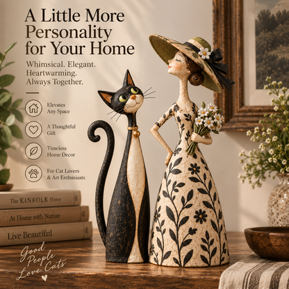 Whimsical Lady & Cat Figurine Set – Vintage-Inspired Home Decor for Cat Lovers