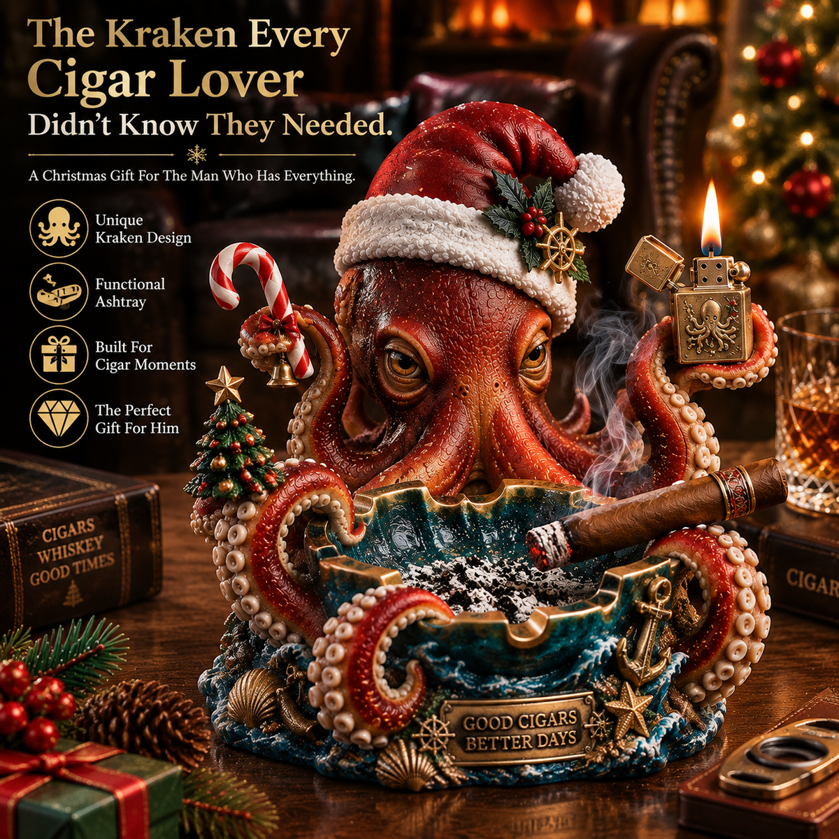 🐙 Christmas Kraken Cigar Rest – Nautical Collector’s Edition
