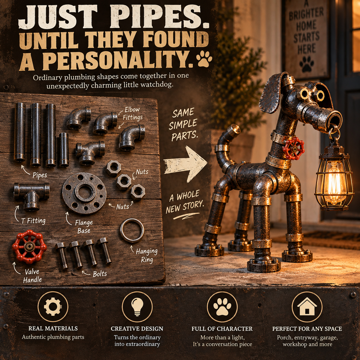 Pipe Pup Watchdog Lamp – Industrial Dog Lantern Sculpture 🐾💡