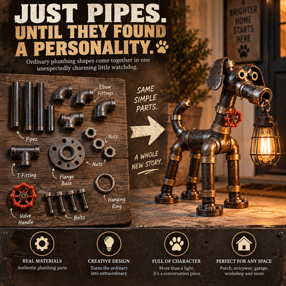 Pipe Pup Watchdog Lamp – Industrial Dog Lantern Sculpture 🐾💡