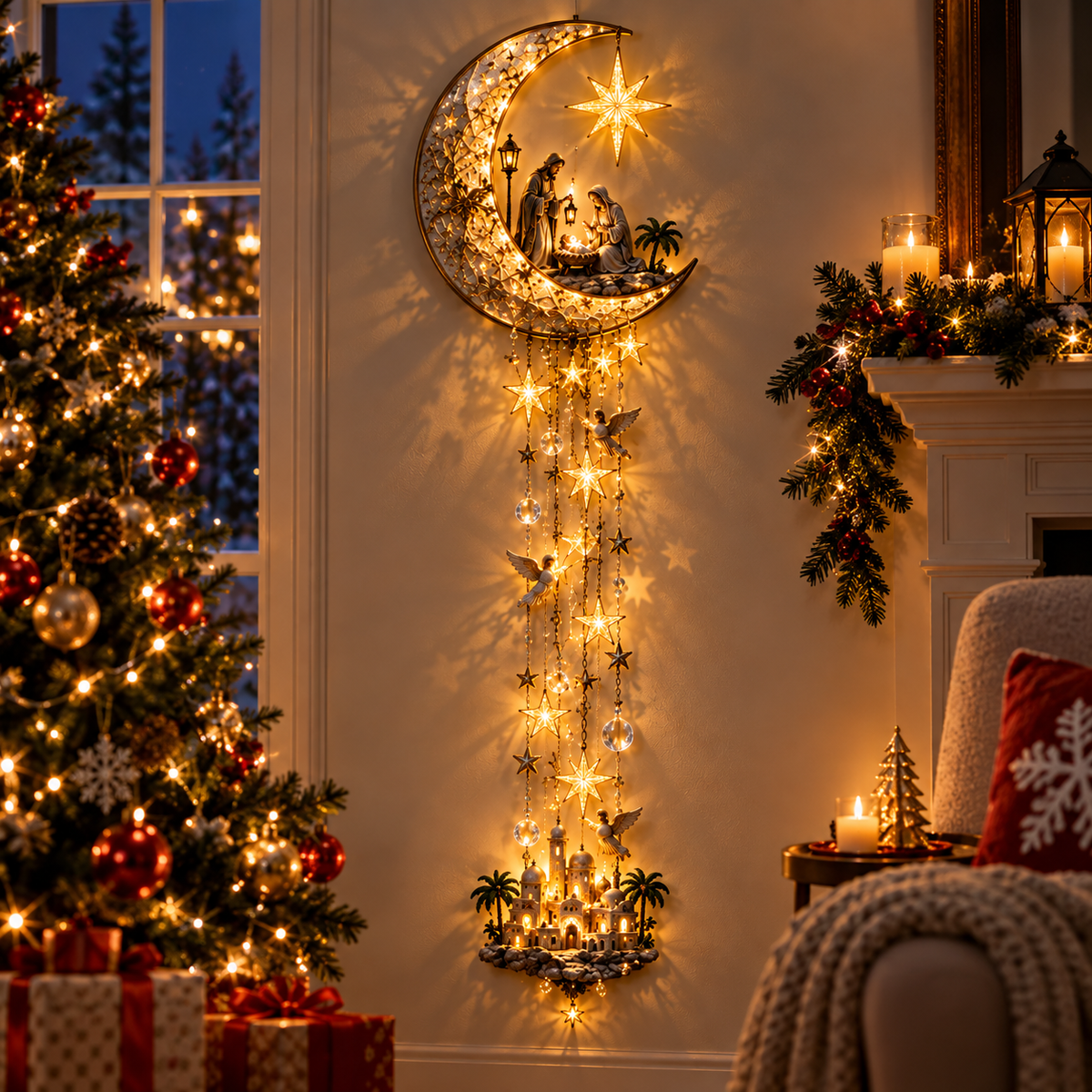 ✨ Holy Night Moon – Illuminated Nativity Christmas Wall Hanging