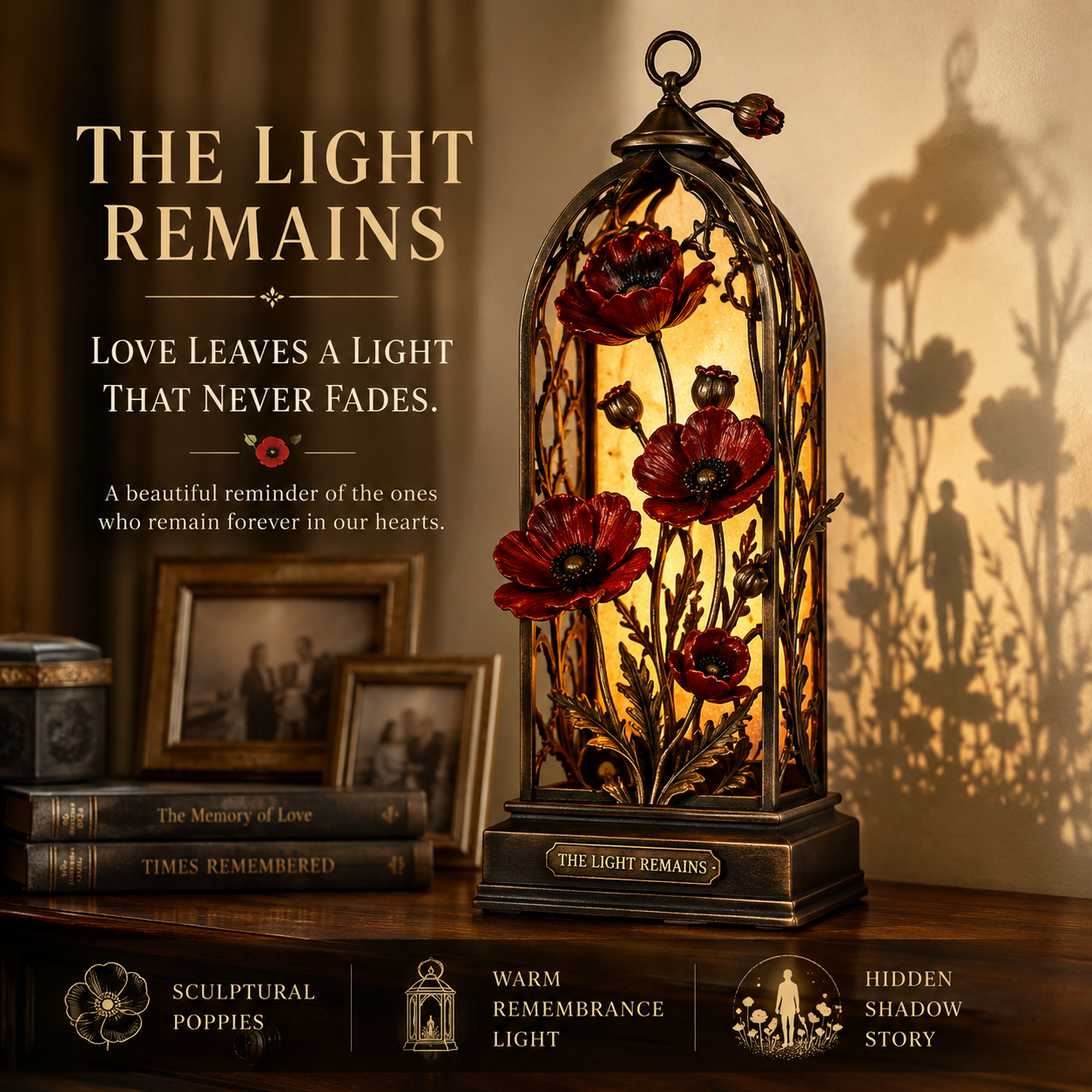 The Light Remains Memorial Poppy Lantern – Warm Remembrance Light & Meaningful Sympathy Keepsake