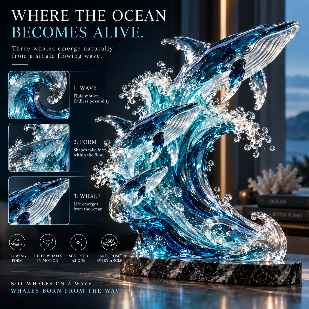 🐋 Becoming Ocean – Three Whales Rising from the Wave Glass Sculpture
