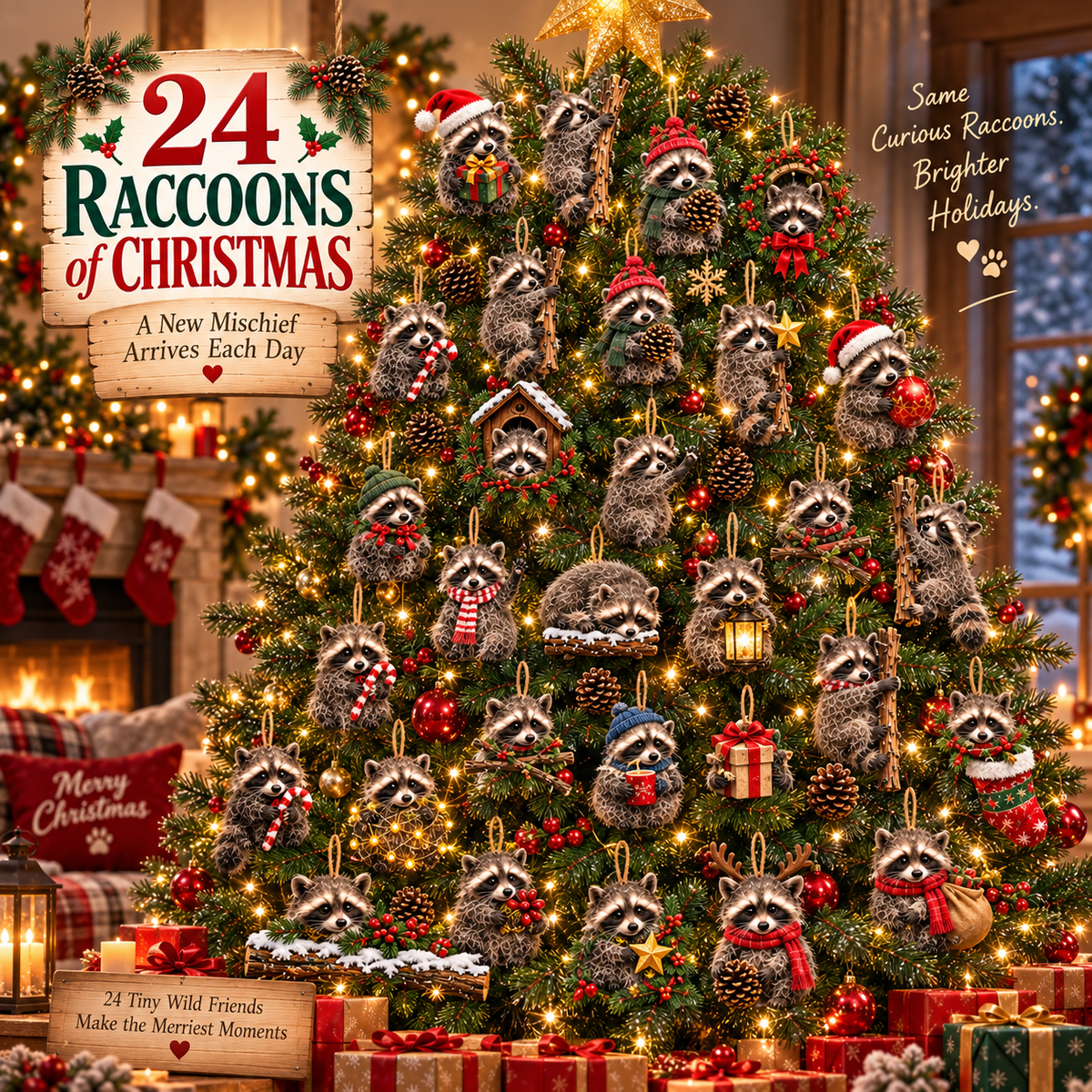 🦝🎄 24 Little Christmas Troublemakers – Raccoon Ornament Collection