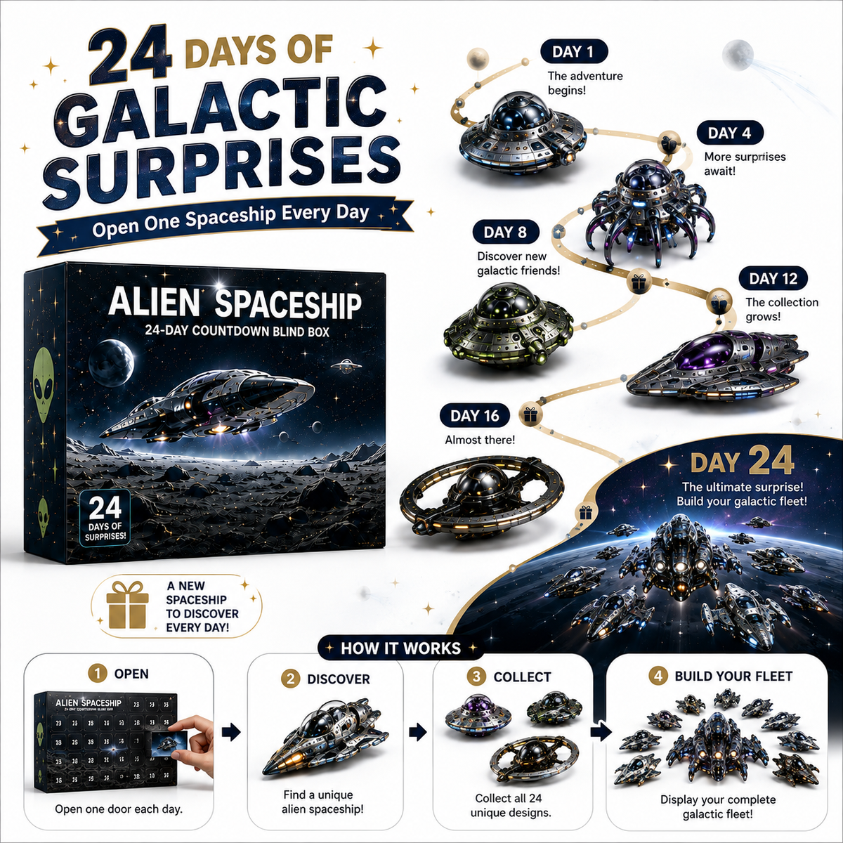 Alien Spaceship Advent Calendar 2026, 24 Days of Unique Spacecraft Toys, Christmas Countdown Calendar with 24 Different Alien Spaceships, Space Gifts for Kids Boys Girls