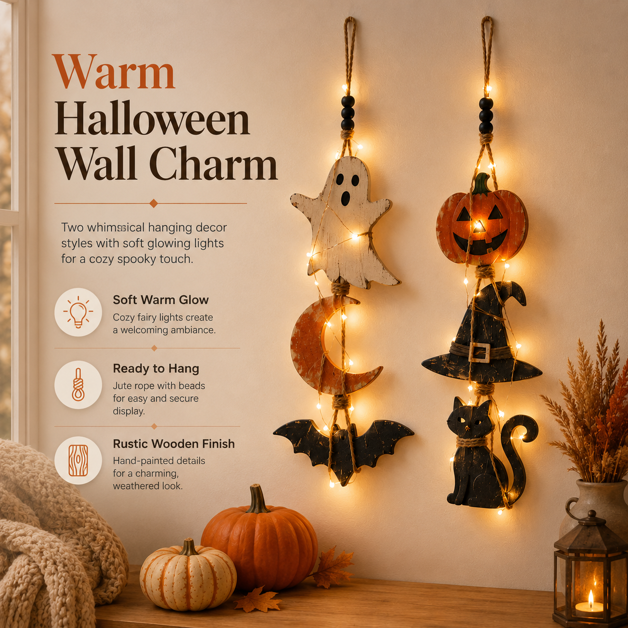 Lighted Halloween Hanging Wall Decor Set of 2 – Ghost Moon Bat & Pumpkin Witch Hat Cat