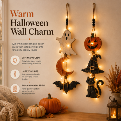 Lighted Halloween Hanging Wall Decor Set of 2 – Ghost Moon Bat & Pumpkin Witch Hat Cat