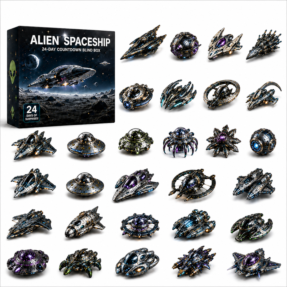 Alien Spaceship Advent Calendar 2026, 24 Days of Unique Spacecraft Toys, Christmas Countdown Calendar with 24 Different Alien Spaceships, Space Gifts for Kids Boys Girls
