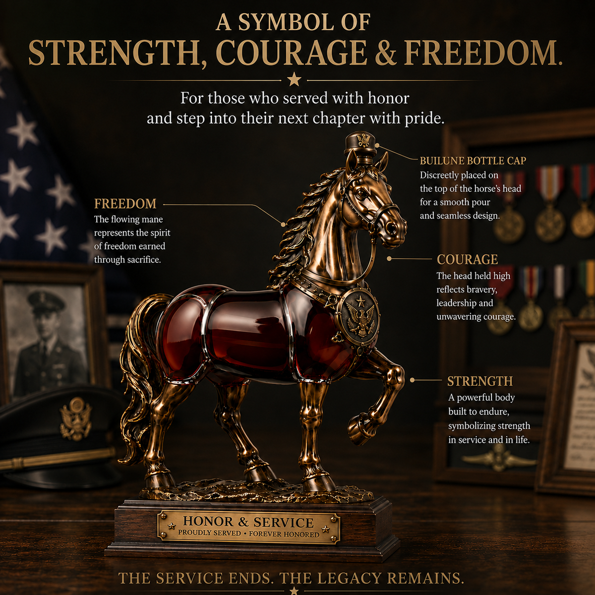 Honor & Service Military Retirement Horse Decanter – Veteran Commemorative Keepsake Gift