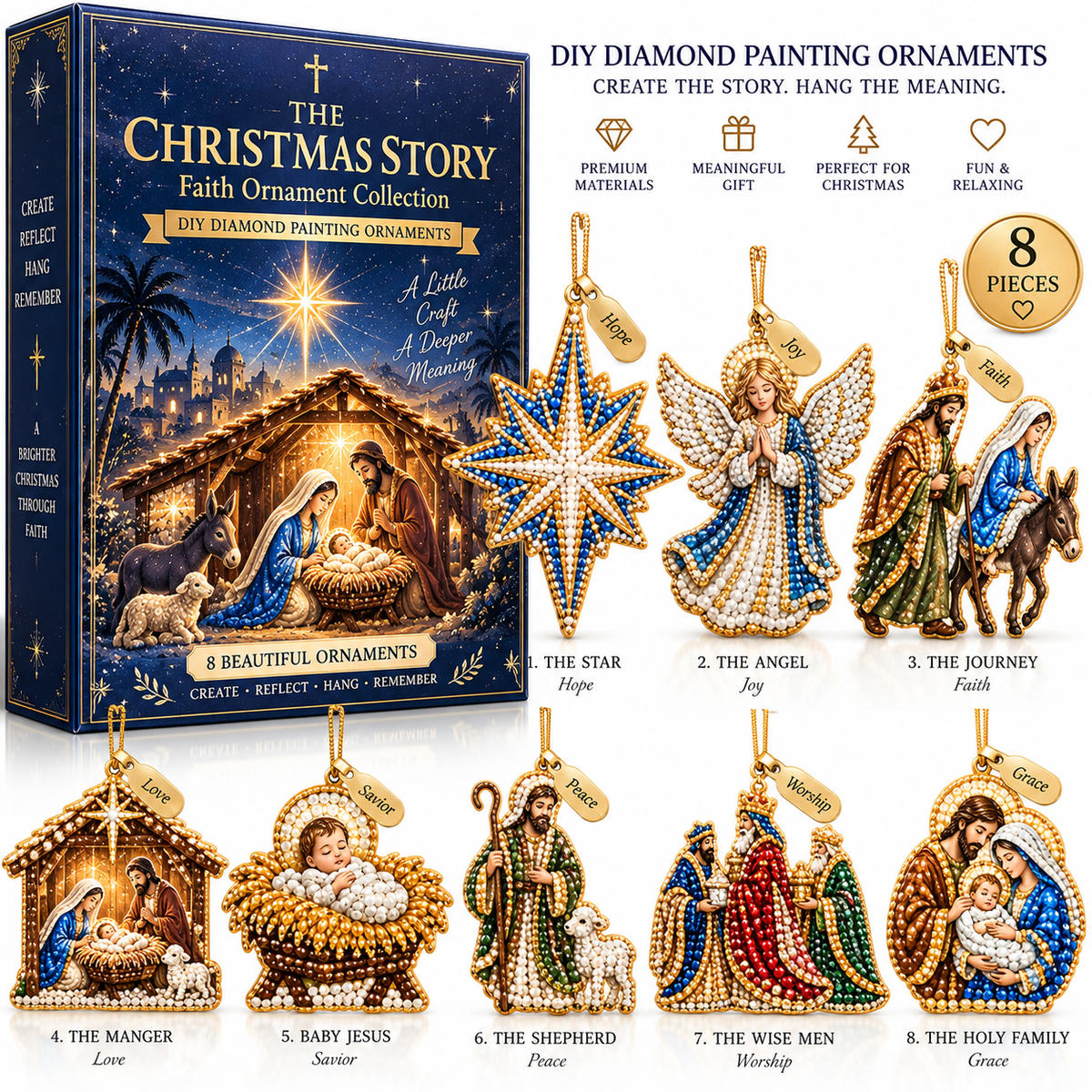 The Christmas Story – 8-Piece DIY Faith Ornament Collection ✨