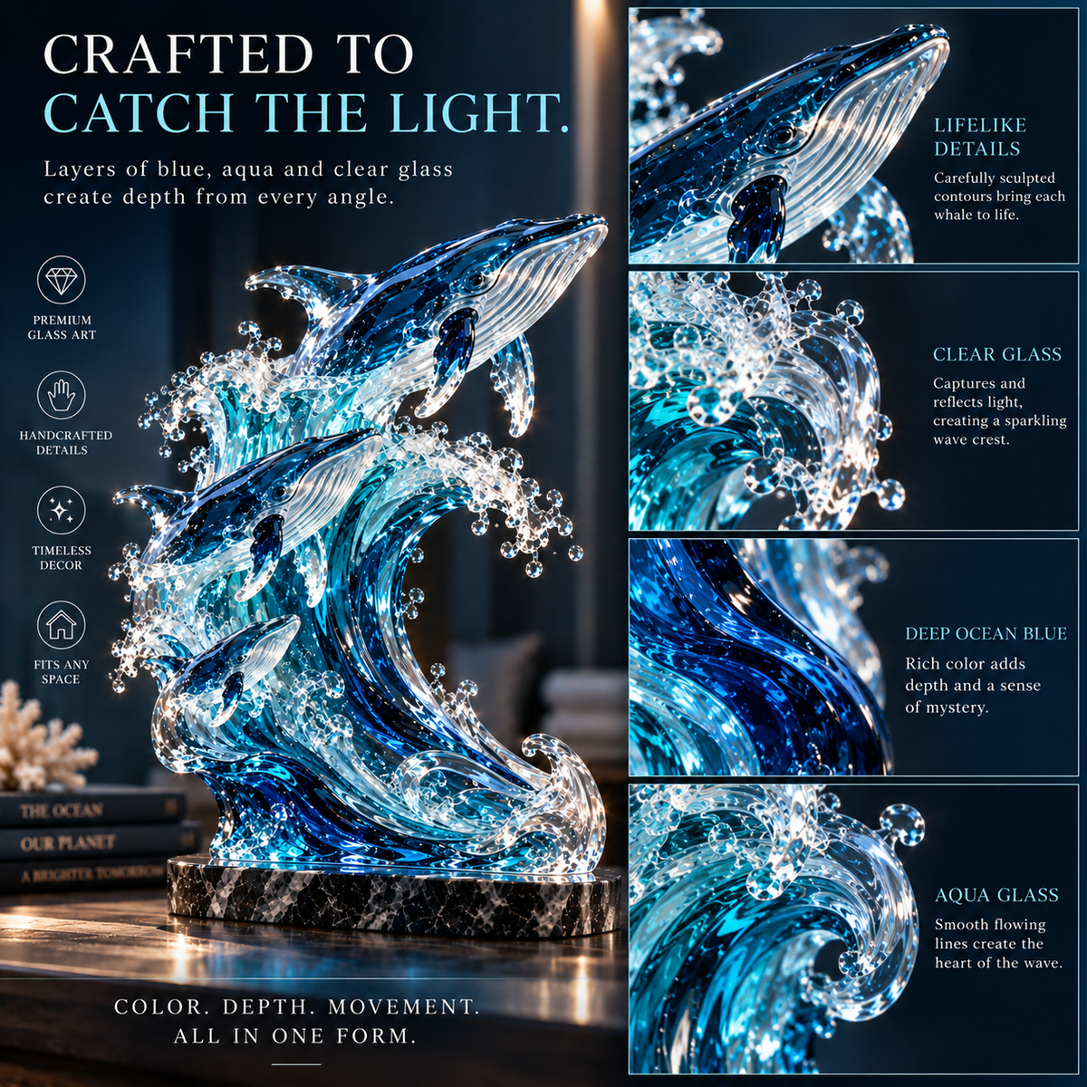 🐋 Becoming Ocean – Three Whales Rising from the Wave Glass Sculpture