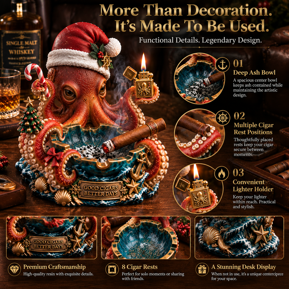 🐙 Christmas Kraken Cigar Rest – Nautical Collector’s Edition
