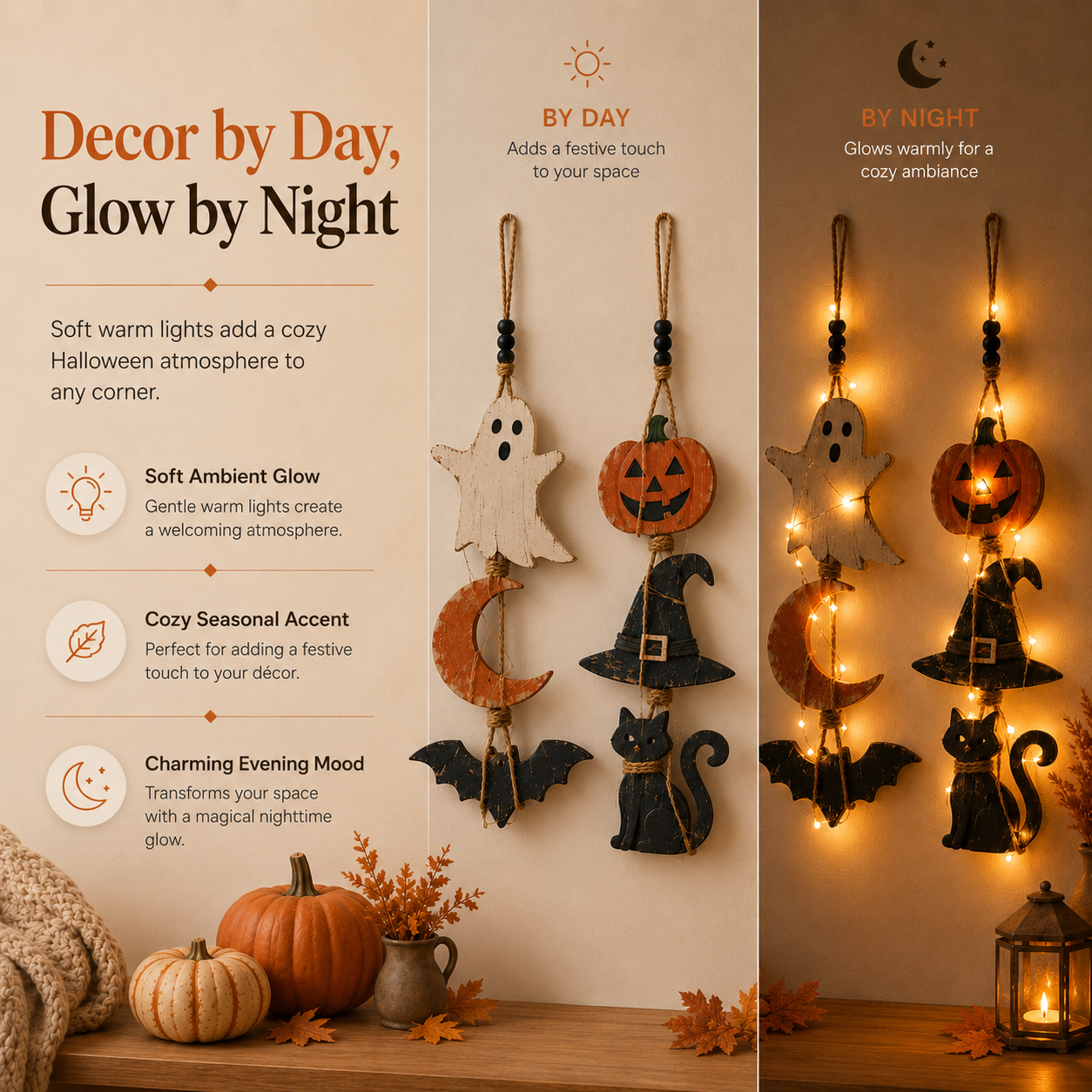 Lighted Halloween Hanging Wall Decor Set of 2 – Ghost Moon Bat & Pumpkin Witch Hat Cat