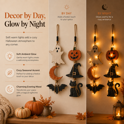 Lighted Halloween Hanging Wall Decor Set of 2 – Ghost Moon Bat & Pumpkin Witch Hat Cat