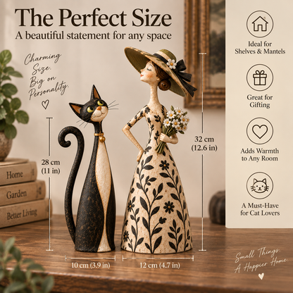 Whimsical Lady & Cat Figurine Set – Vintage-Inspired Home Decor for Cat Lovers