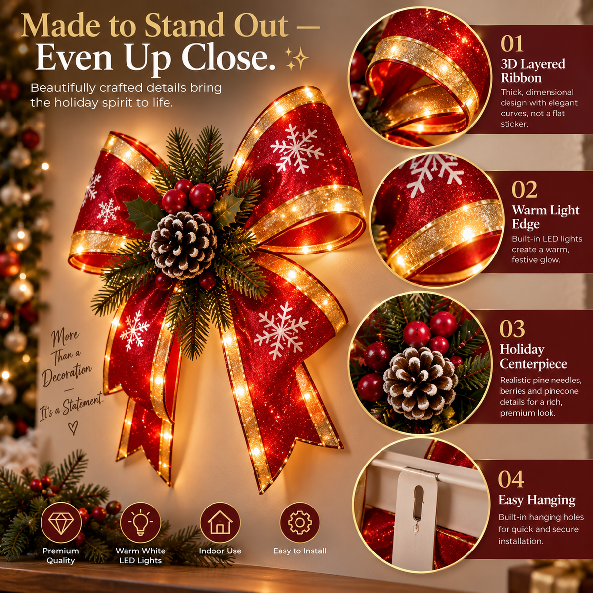 🎀 Glowing Christmas Bow Wall Decor – A Warm Touch for the Holidays