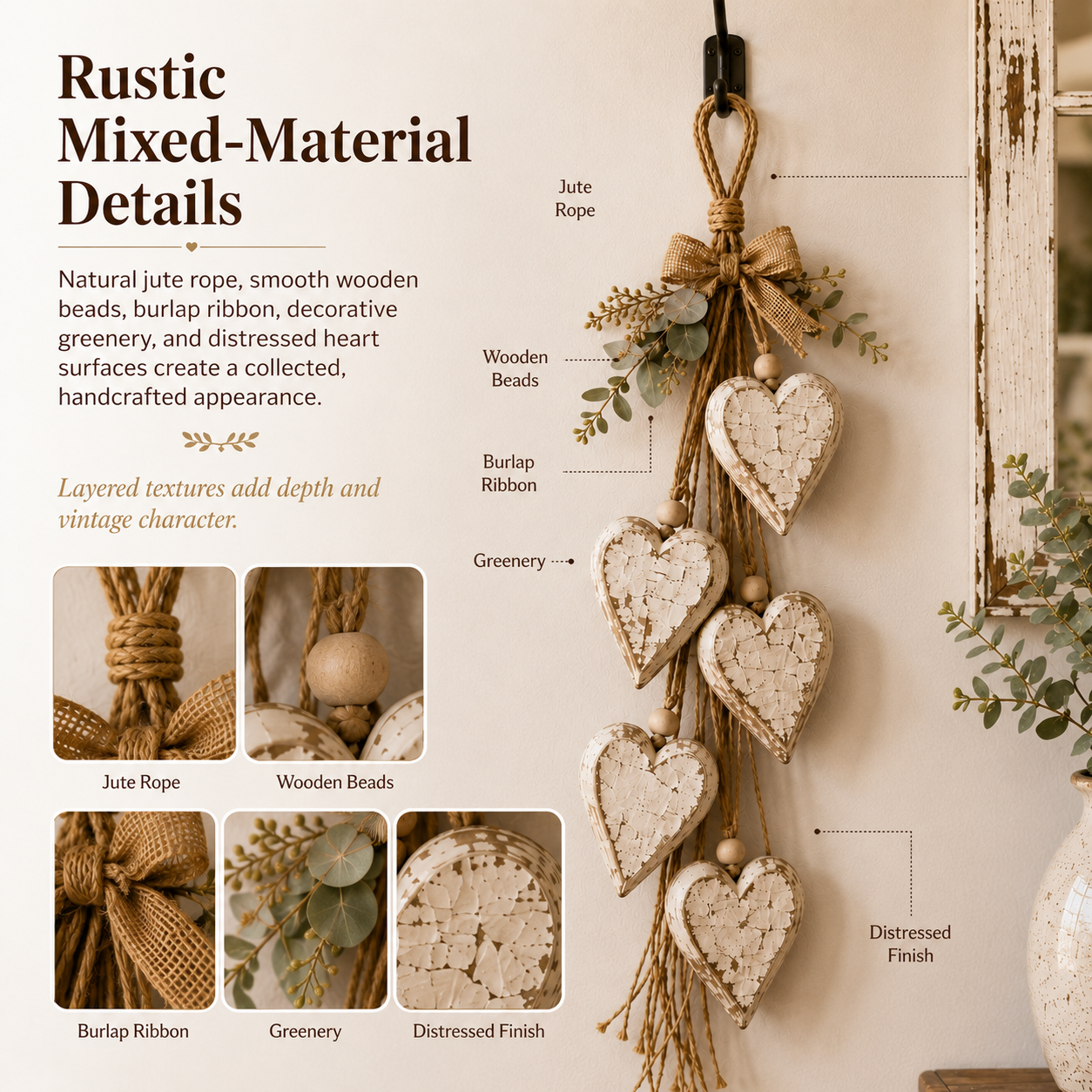 Five-Heart Hanging Wall Decor – Rustic Farmhouse & Coastal Styles