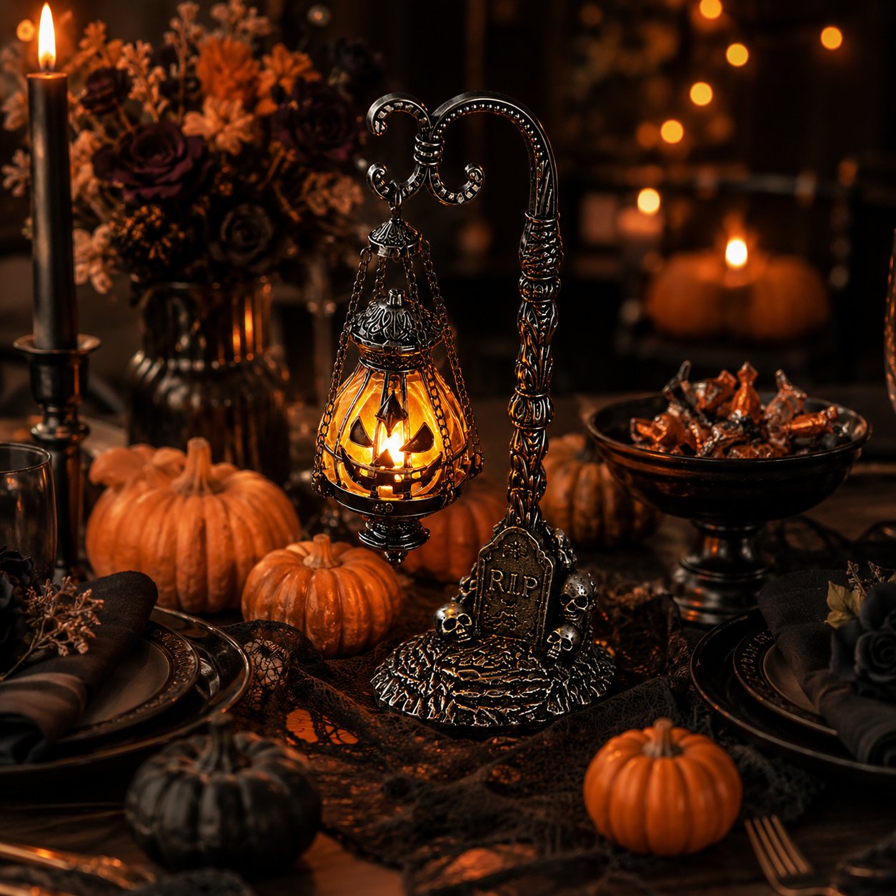 🎃 Gothic Pumpkin Lantern Stand | Warm Orange LED Glow, Victorian Skull Details & Haunted Shelf Decor 🕯️